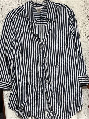 Alison Daley Navy and White Vertical Stripe Button-Down Shirt Size 16